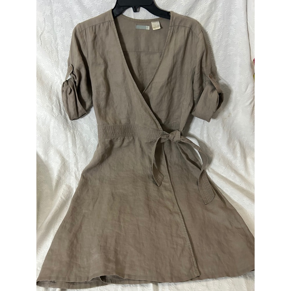 Promod Linen Wrap Dress Cottagecore Coastal Grandma Taupe Button Tab Mini Size 6